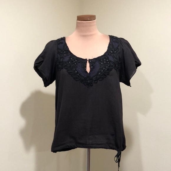 Free People Blouse Size Small Gray Floral Embroidered Appliqué - Picture 2 of 11